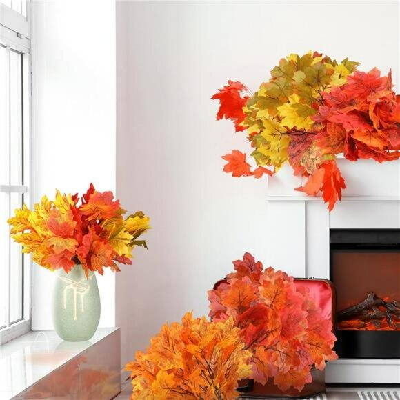 Artificial Maple Leaves Stems 8 Pack Fall Branches Faux Autumn Decor Centerpiece - Picture 5 of 7